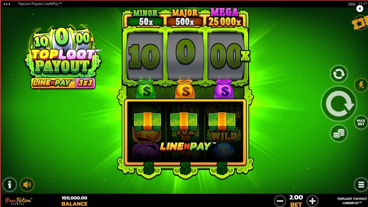 Tampilan visual grid 3x3 slot TopLoot Payout LineNPay dengan tema harta karun