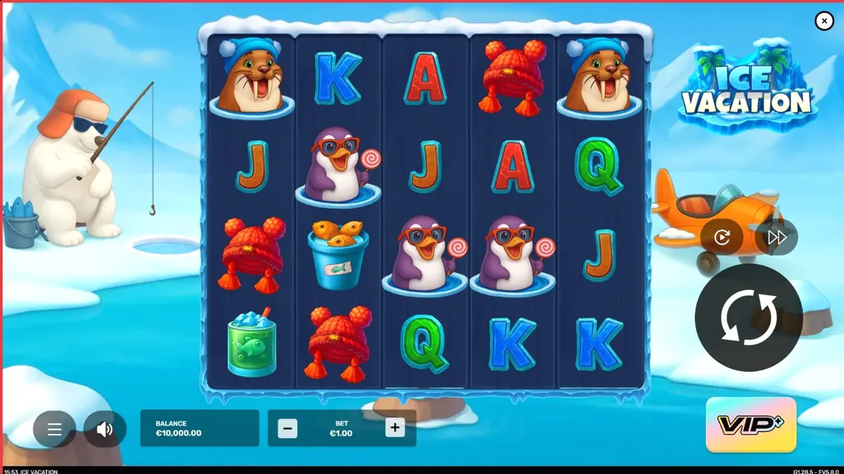 Tampilan visual slot Ice Vacation dengan karakter penguin dan beruang kutub